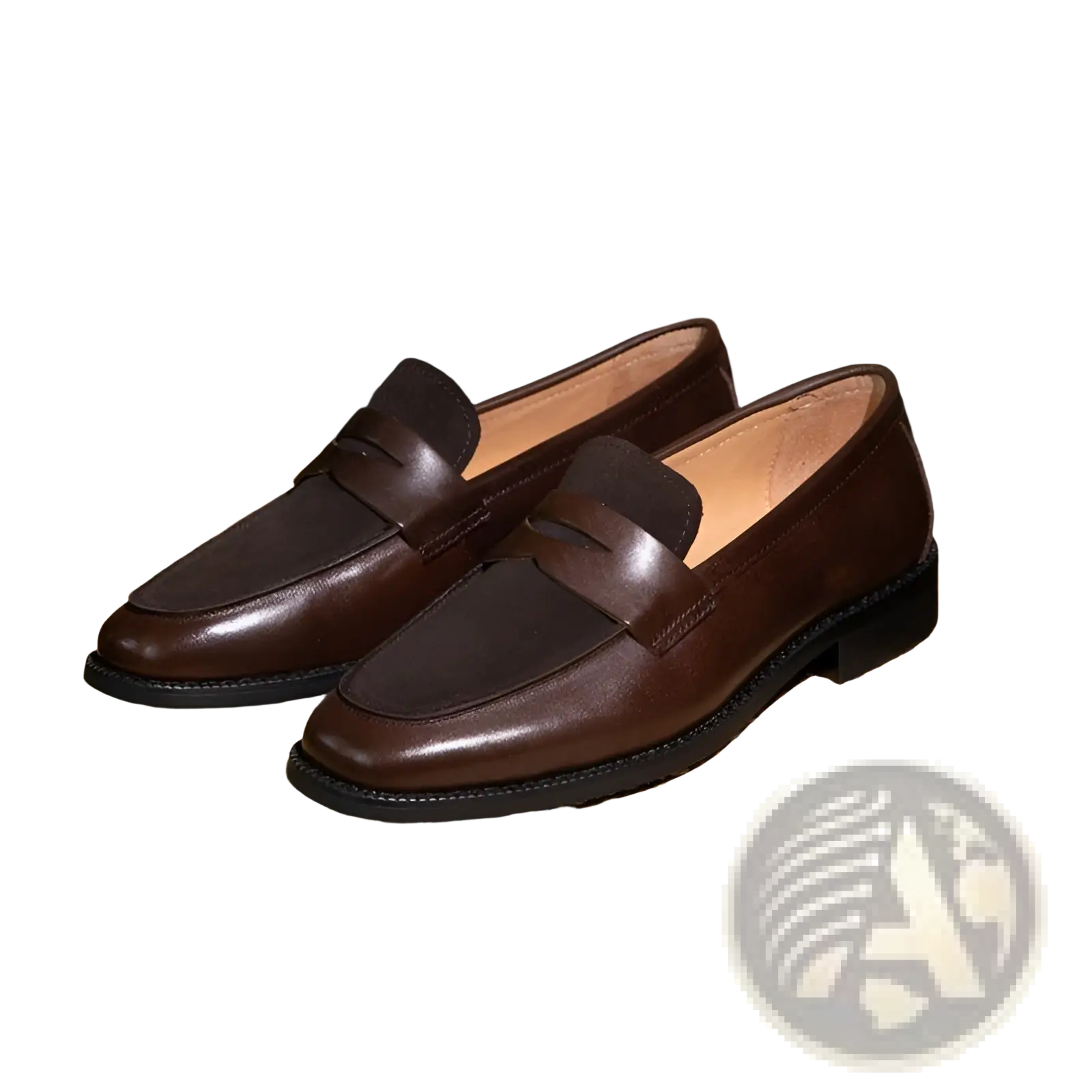 Two tone square toe leather loafers in brown with dark brown suede accents and a classic slip on design