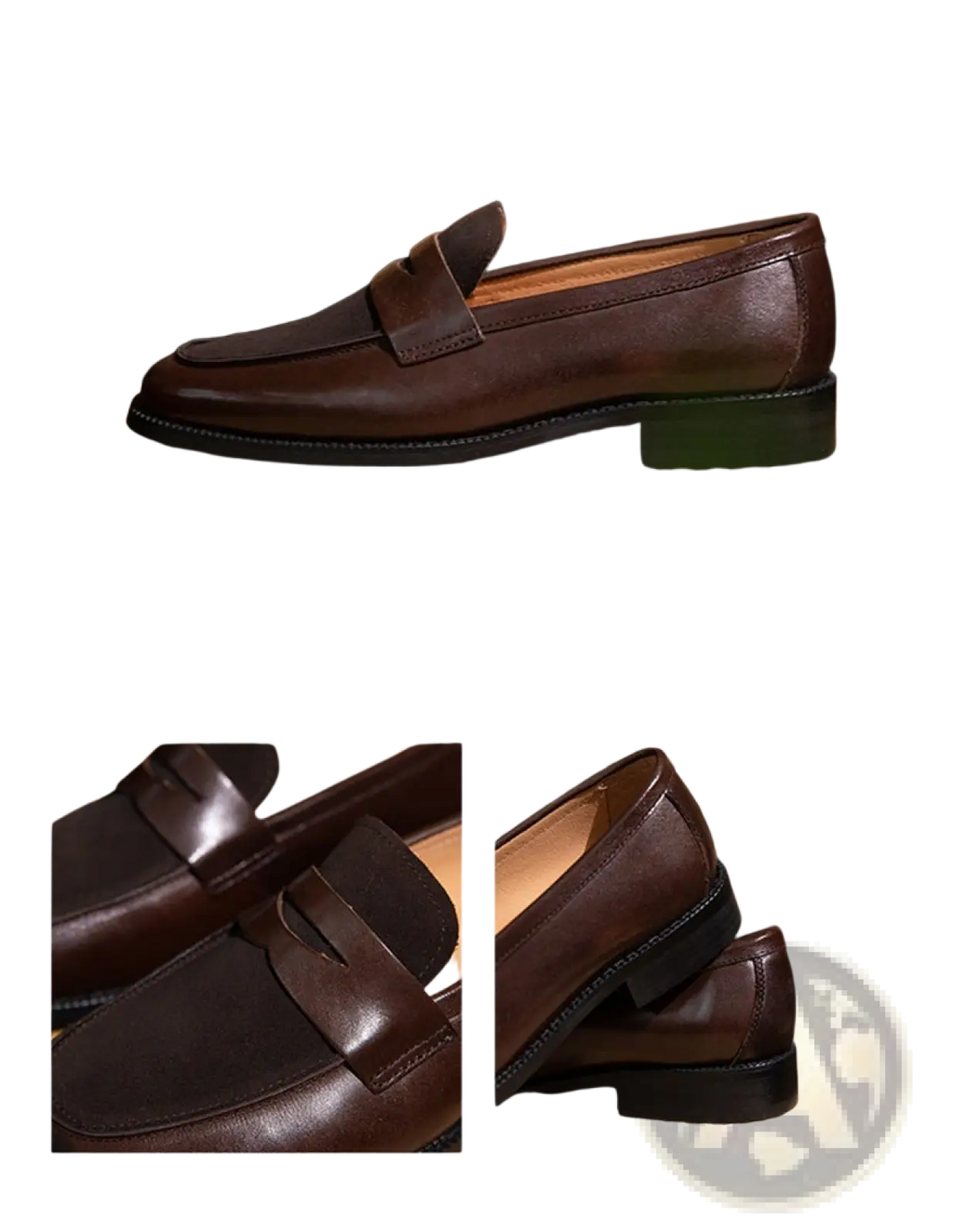Brown leather two tone square toe loafers with a classic slip on design and a single strap across the toe