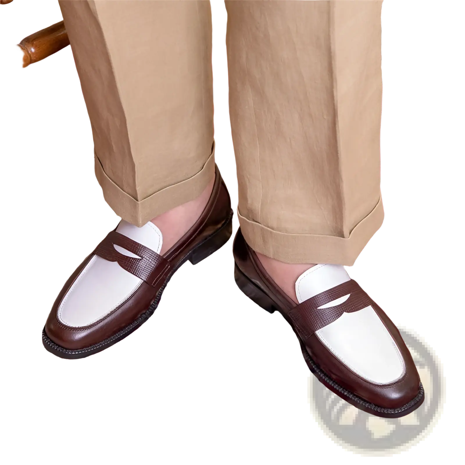 Brown and white two tone square toe leather loafers with classic slip on design for formal and casual wear