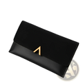 Black two-tone suede and leather clutch wallet with glossy finish and gold-tone triangular clasp in front view
