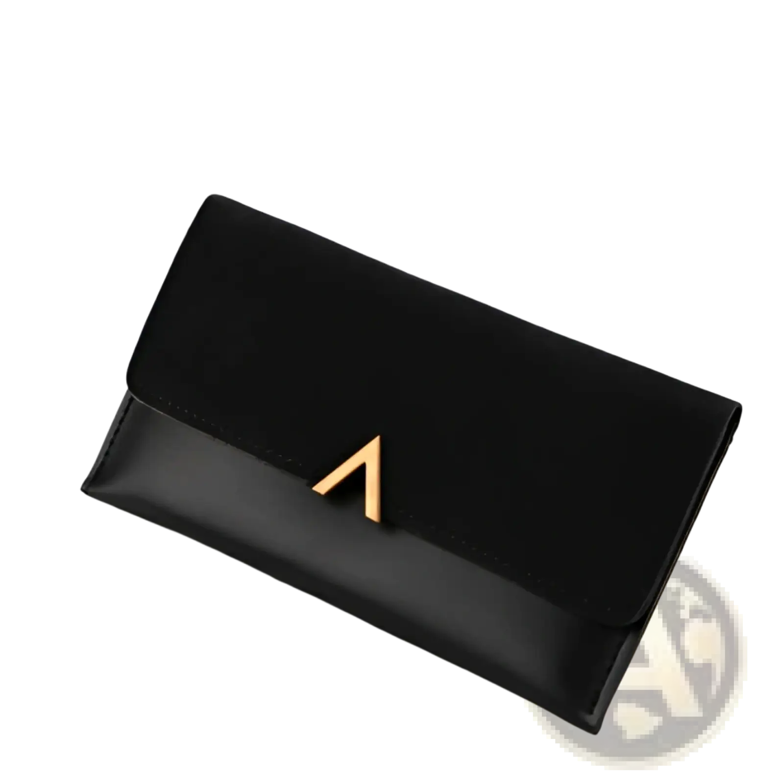 Black two-tone suede and leather clutch wallet with glossy finish and gold-tone triangular clasp in front view