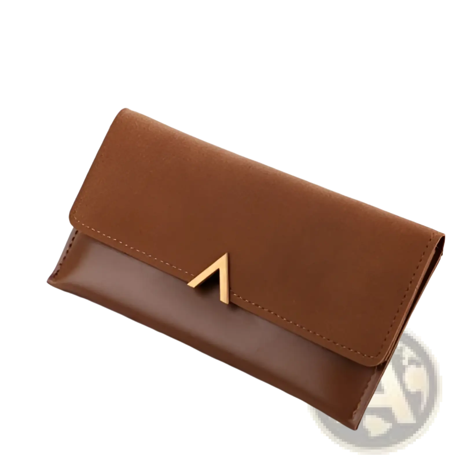 Two-tone brown suede and patent leather clutch wallet with gold-tone triangular clasp for elegant occasions