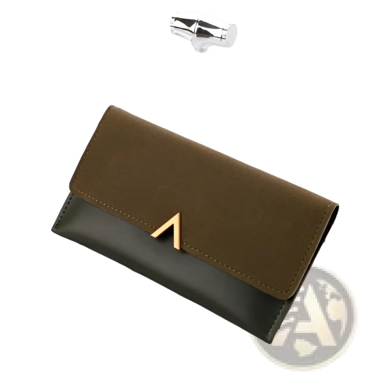 Two-tone olive and black suede clutch wallet with leather accents and gold triangular clasp front view