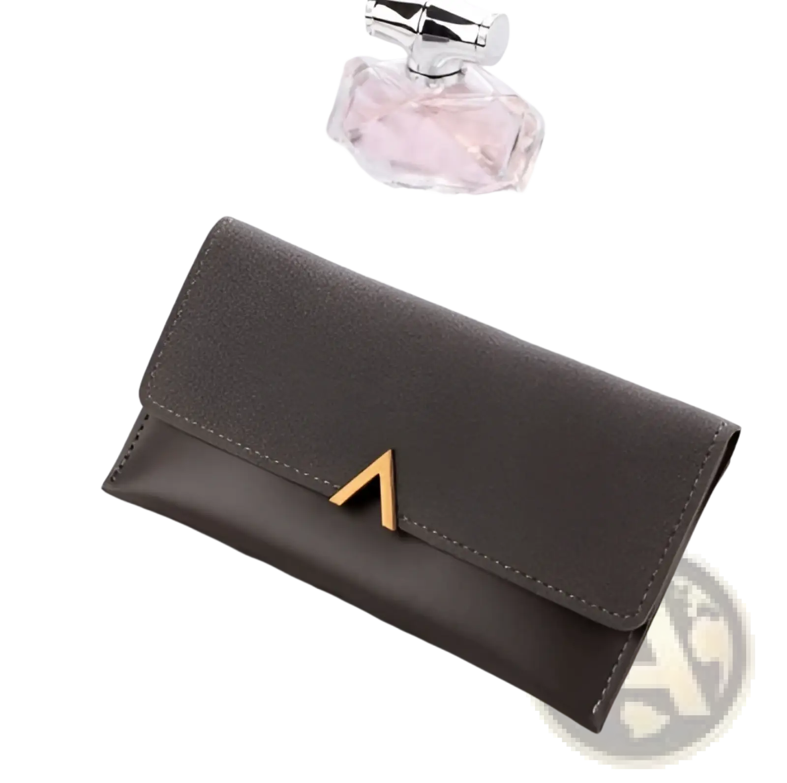 Dark gray leather clutch wallet with two-tone suede and a gold-tone triangular clasp on the front side