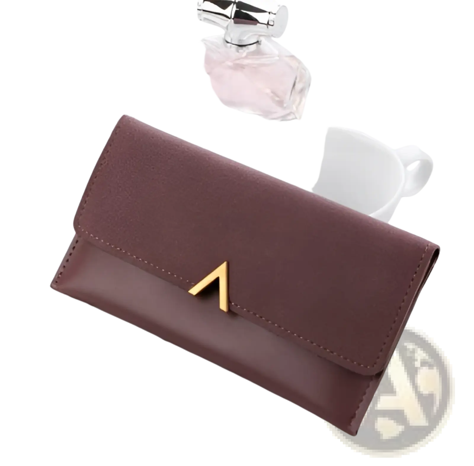 Two-tone burgundy suede and leather clutch wallet with a minimalist gold-tone triangular clasp