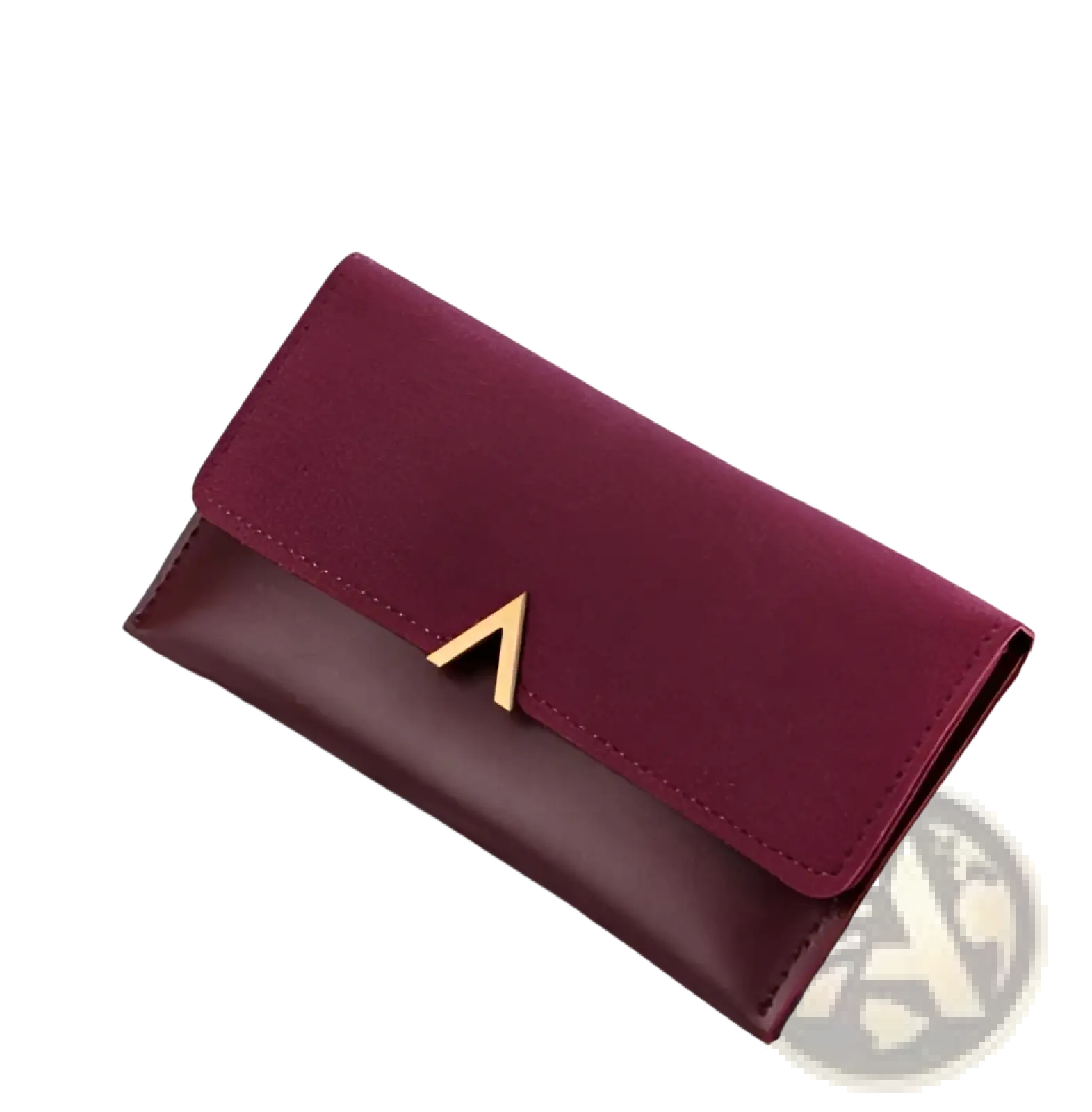 Two-tone suede and leather clutch wallet in maroon and dark brown with a gold triangular clasp