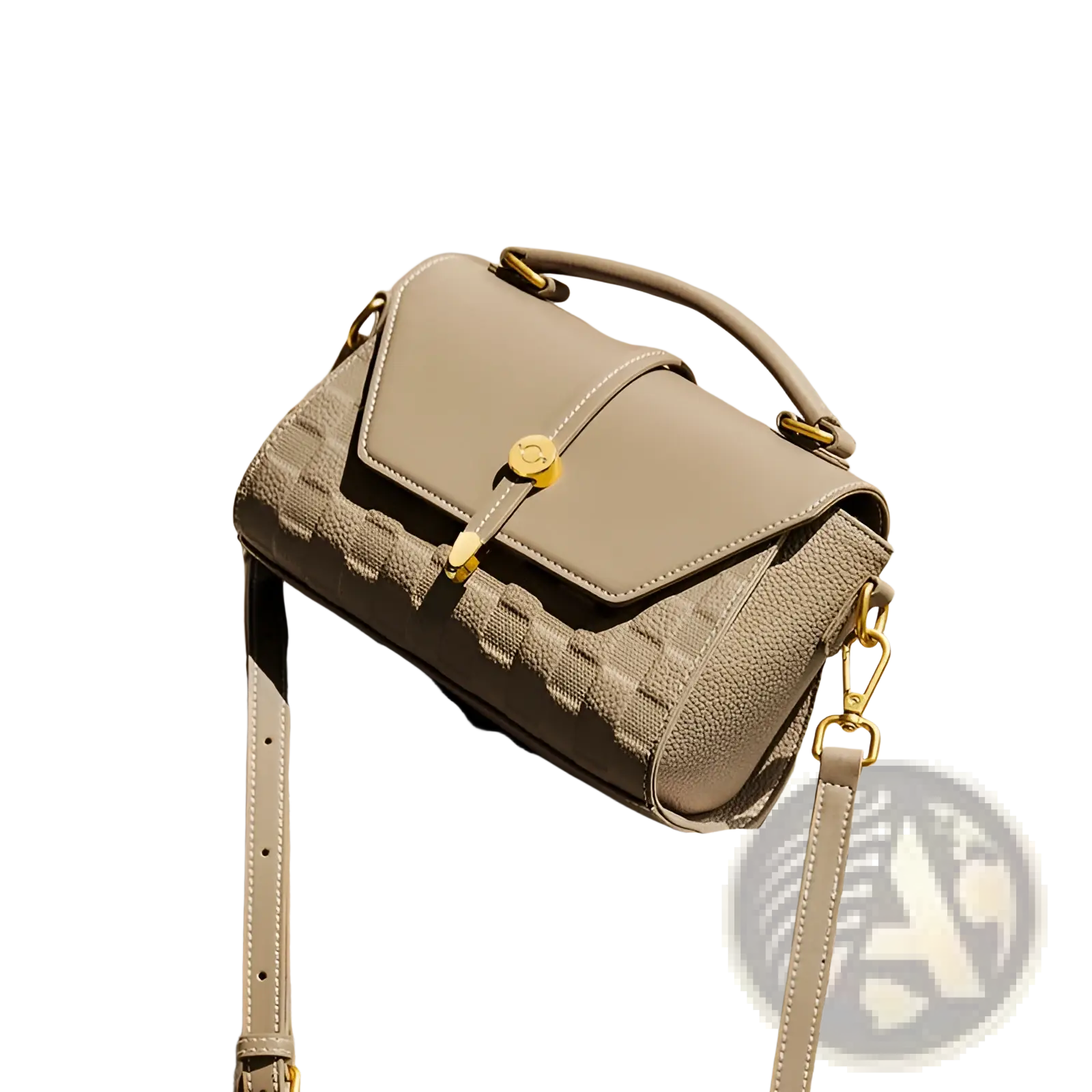 Beige leather two-tone woven crossbody handbag with gold hardware and textured design for everyday use