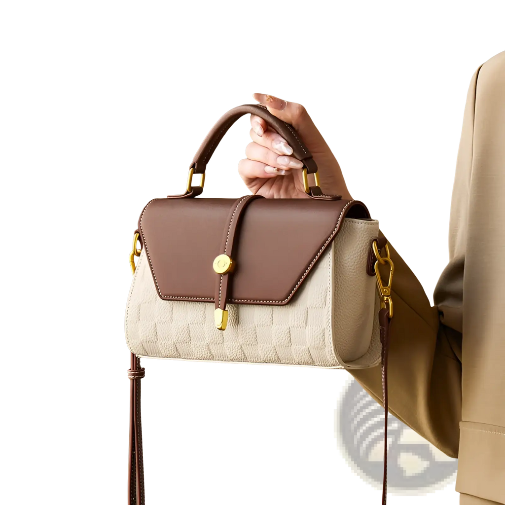 Two-tone woven leather crossbody handbag with beige woven texture brown flap and gold-toned hardware