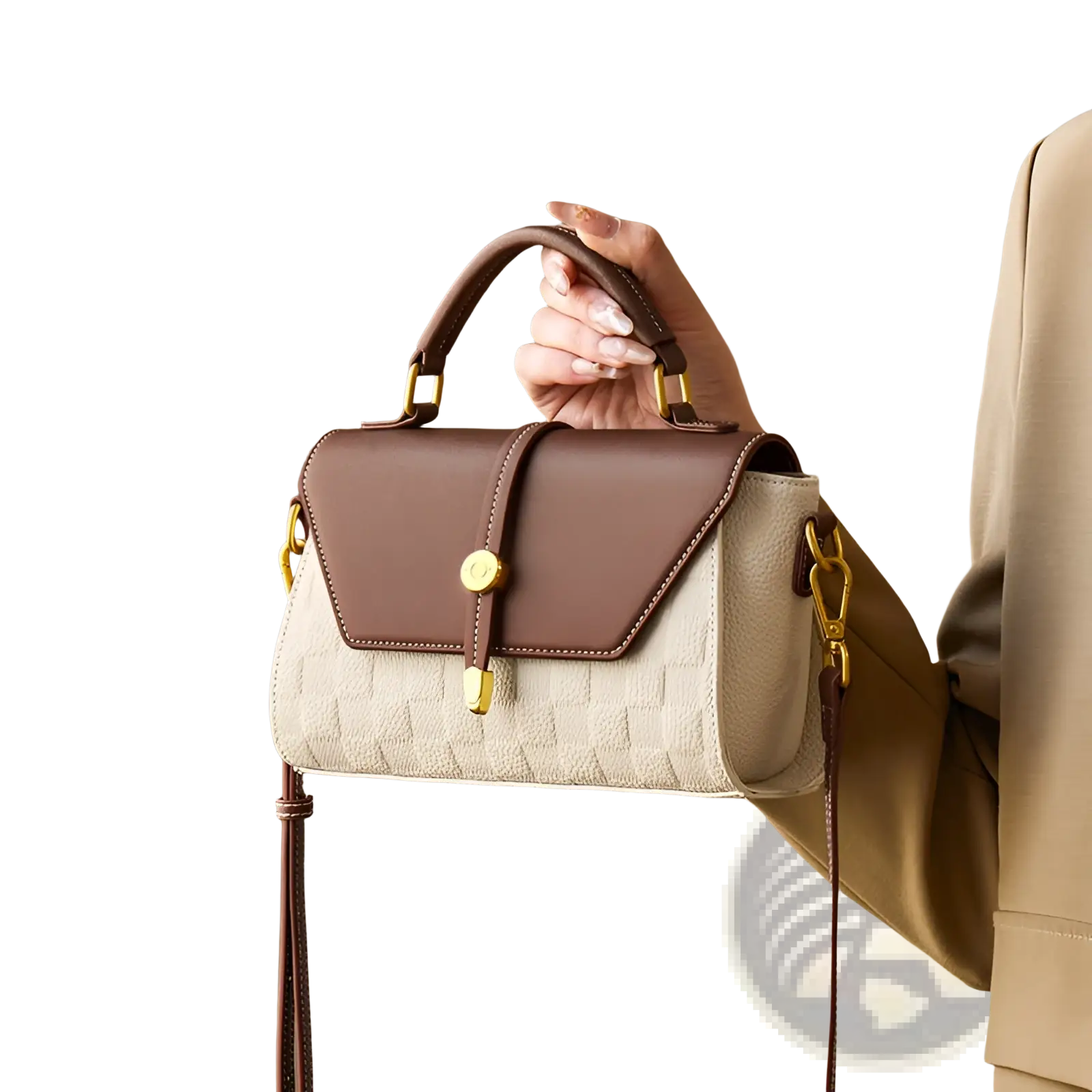 Two-tone woven leather crossbody handbag with beige woven texture brown flap and gold-toned hardware