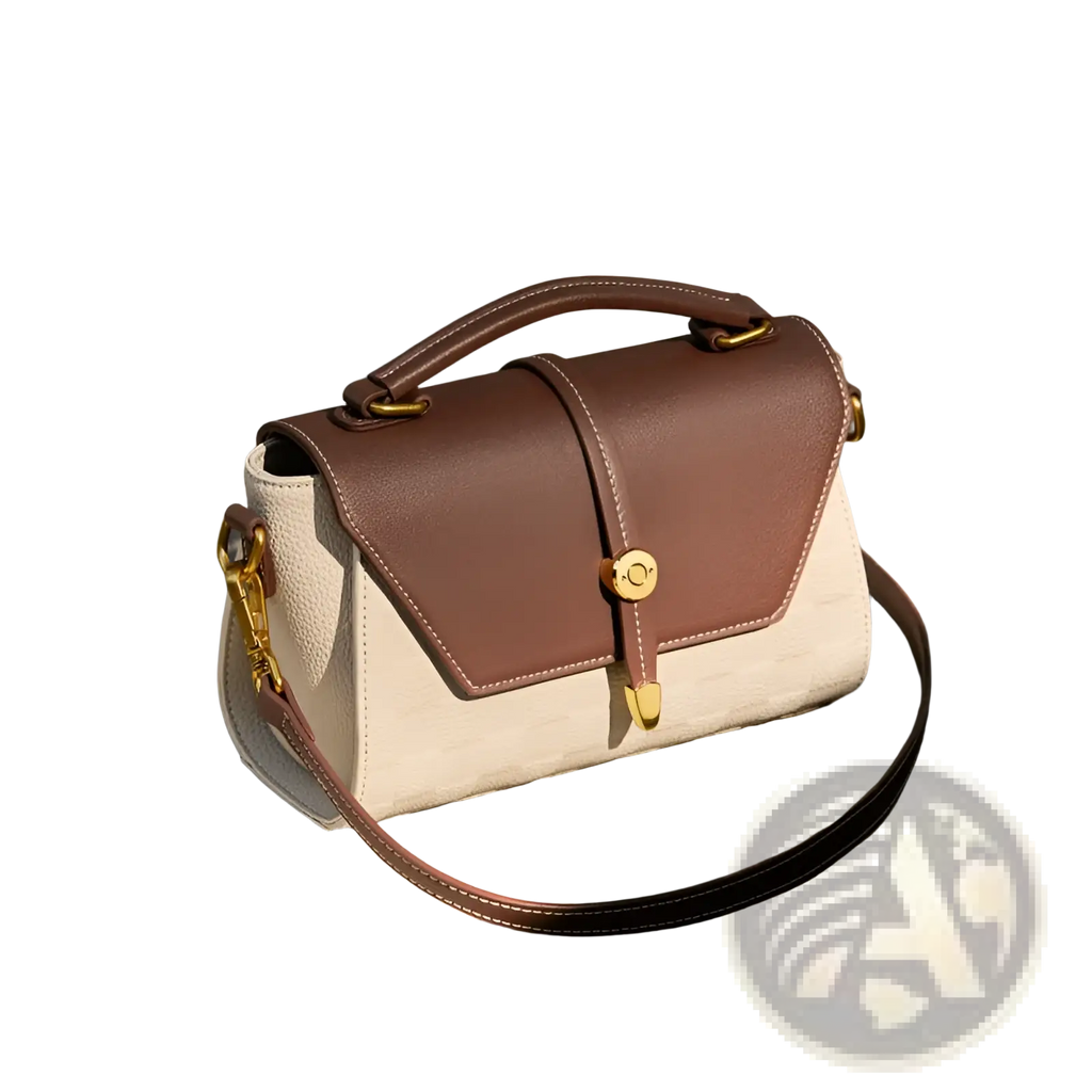 Two-tone woven leather crossbody handbag with brown flap cream body and gold-toned hardware accents