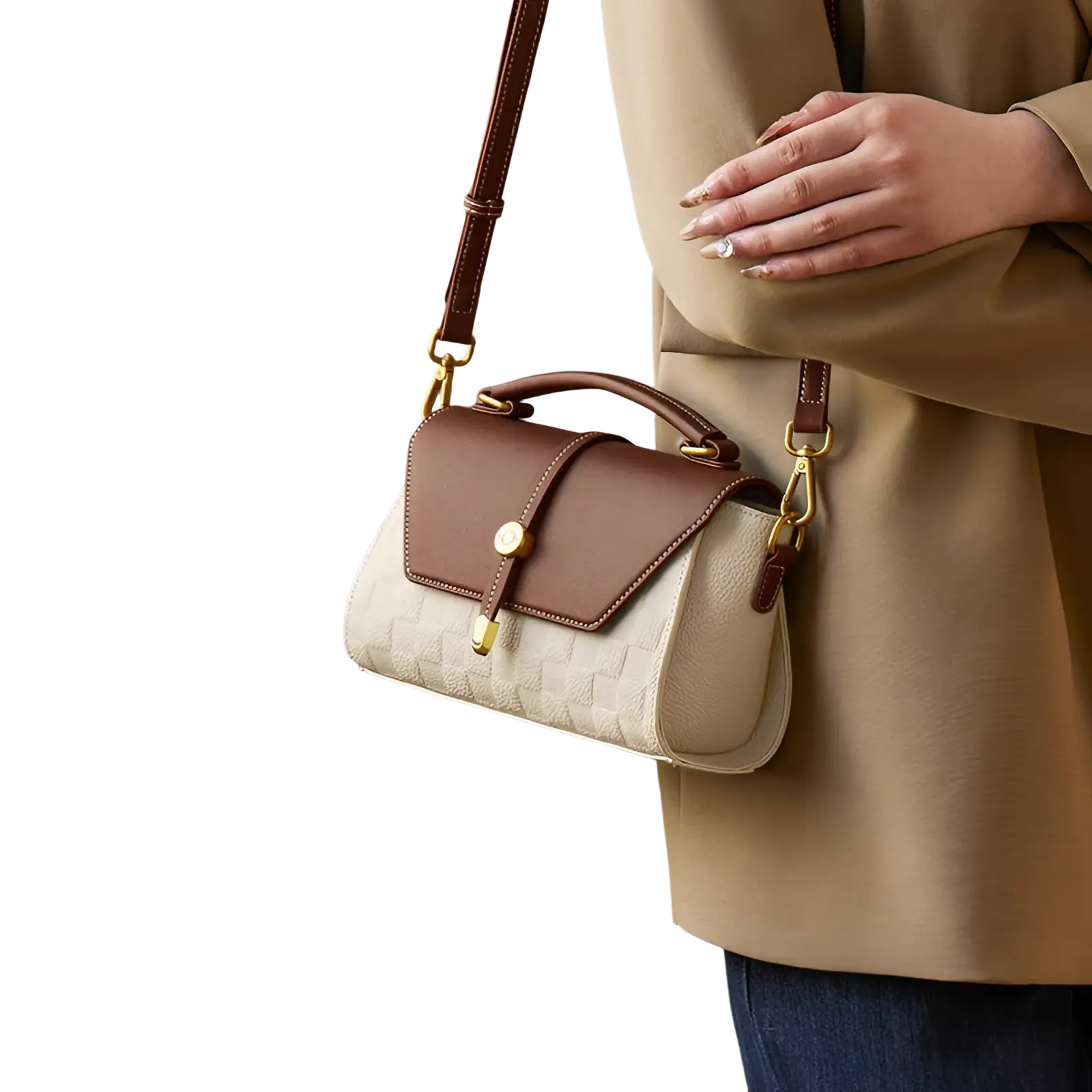 Beige and brown two-tone woven leather crossbody handbag with smooth flap and gold hardware closure