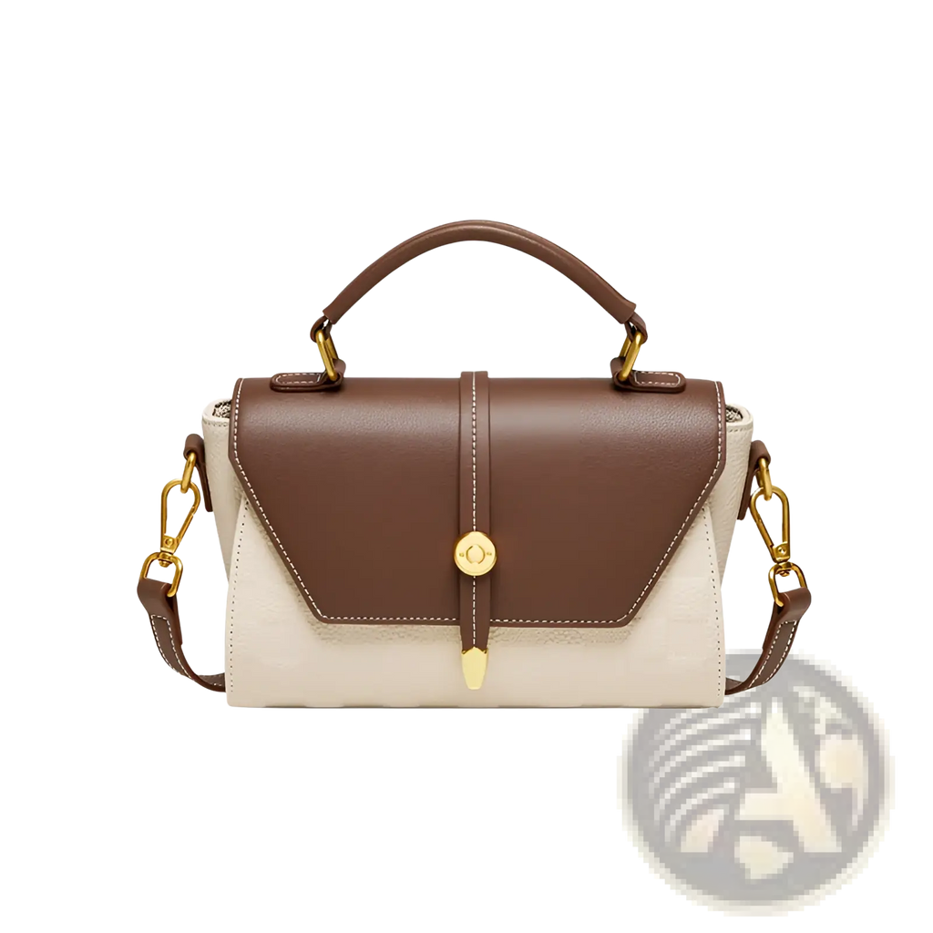 Two-tone woven leather crossbody handbag in brown and cream with gold hardware and leather strap