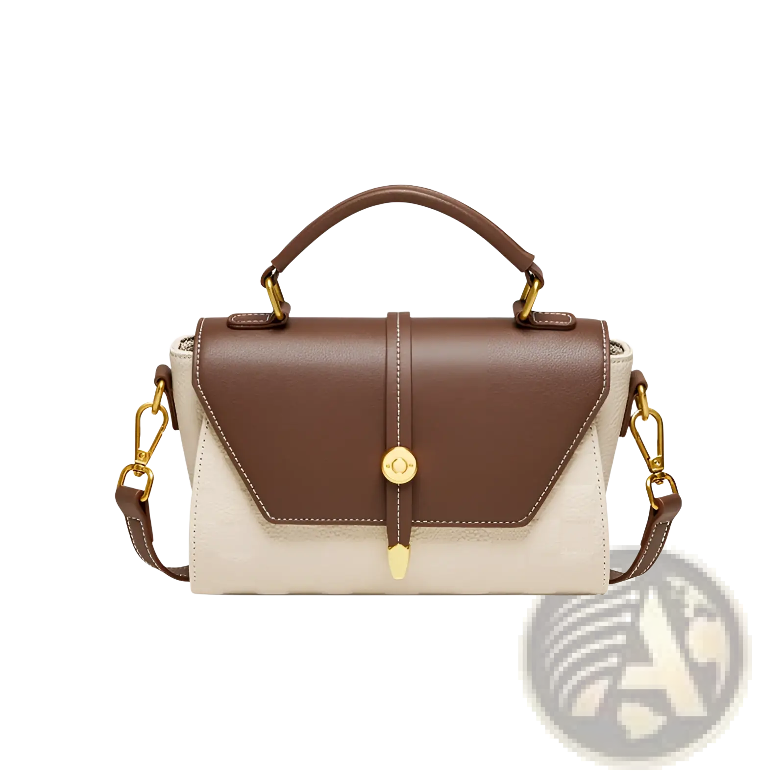 Two-tone woven leather crossbody handbag in brown and cream with gold hardware and leather strap