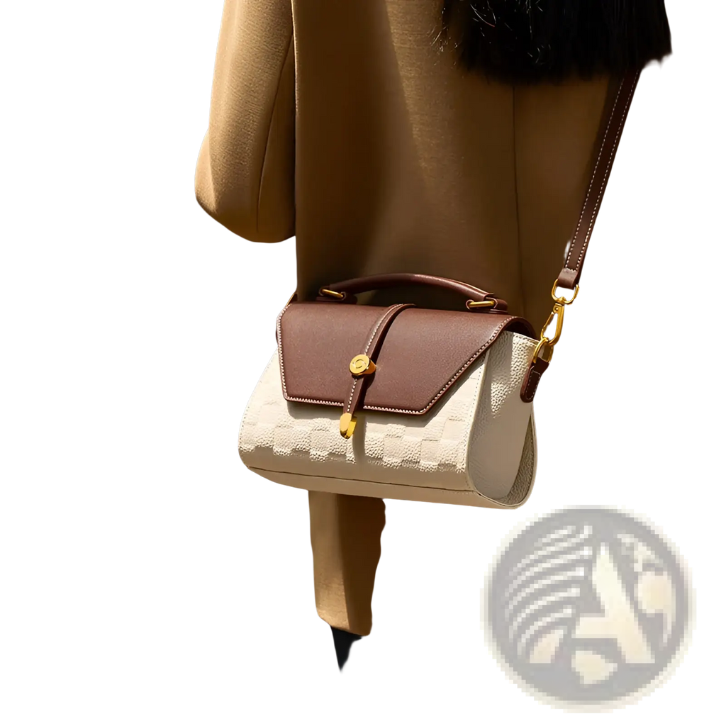 A two-tone woven leather crossbody handbag with a white textured body, brown leather flap, and gold hardware