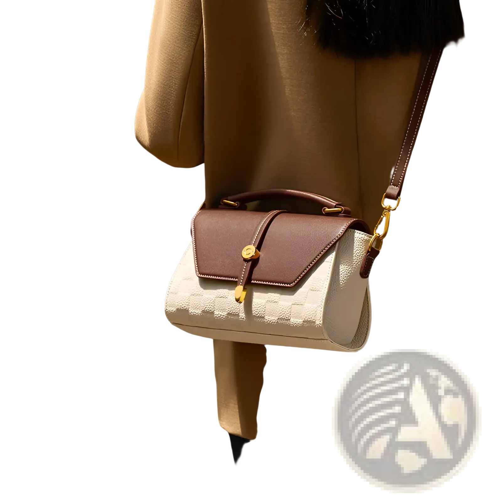 A two-tone woven leather crossbody handbag with a white textured body, brown leather flap, and gold hardware