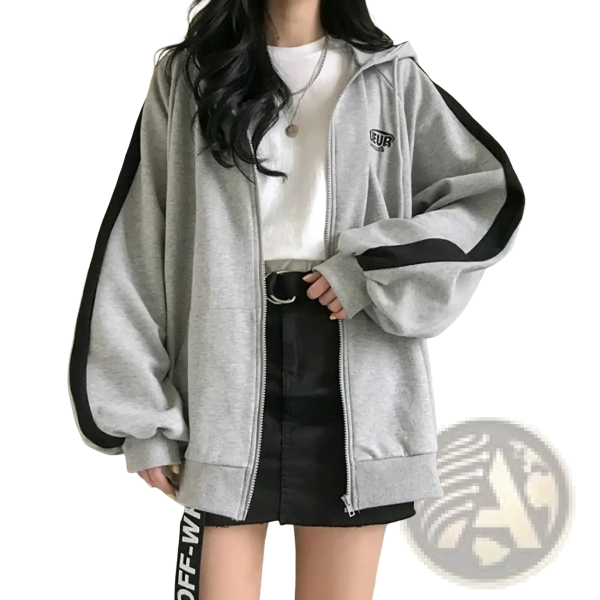 Two tone zip up oversized hoodie in gray and black with bold side stripes and small embroidered chest logo