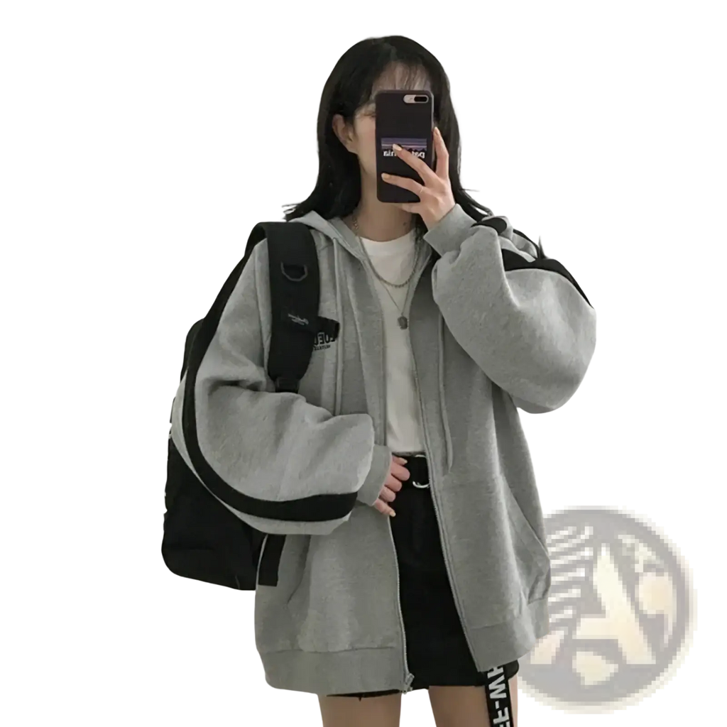 Gray and black oversized zip up hoodie with contrasting sleeve stripes made from soft fabric for casual wear