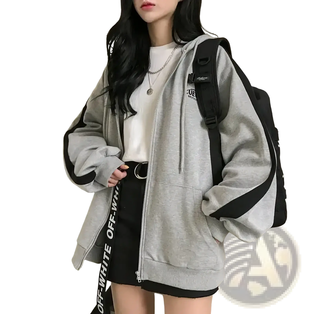 Two tone oversized zip up hoodie in gray and black with bold white lettering on the side panel