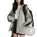 Two tone oversized zip up hoodie in gray and black with bold white lettering on the side panel