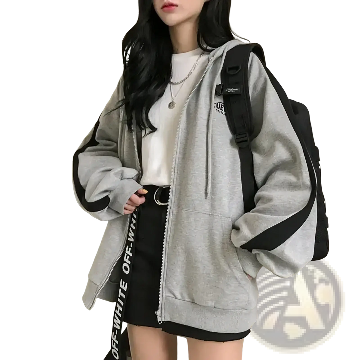 Two tone oversized zip up hoodie in gray and black with bold white lettering on the side panel