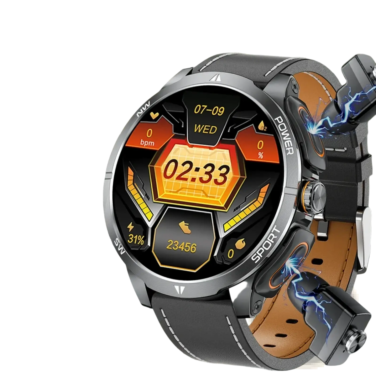 Tws 2-in-1 smartwatch and wireless earbuds with black and brown digital display showing time date and fitness metrics