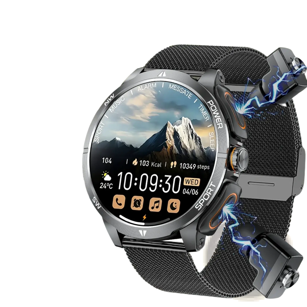 Tws 2-in-1 smartwatch and wireless earbuds with black mesh strap and circular display showing mountain scenery