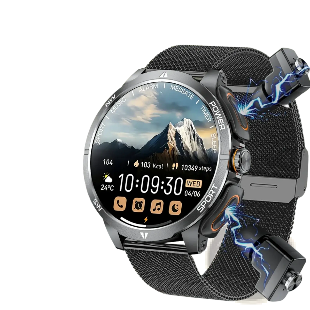 Tws 2-in-1 smartwatch and wireless earbuds with black mesh strap and circular display showing mountain scenery