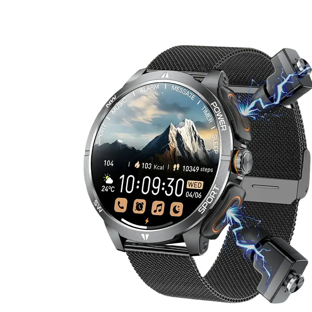Tws 2-in-1 smartwatch and wireless earbuds with black mesh strap and circular display showing mountain scenery