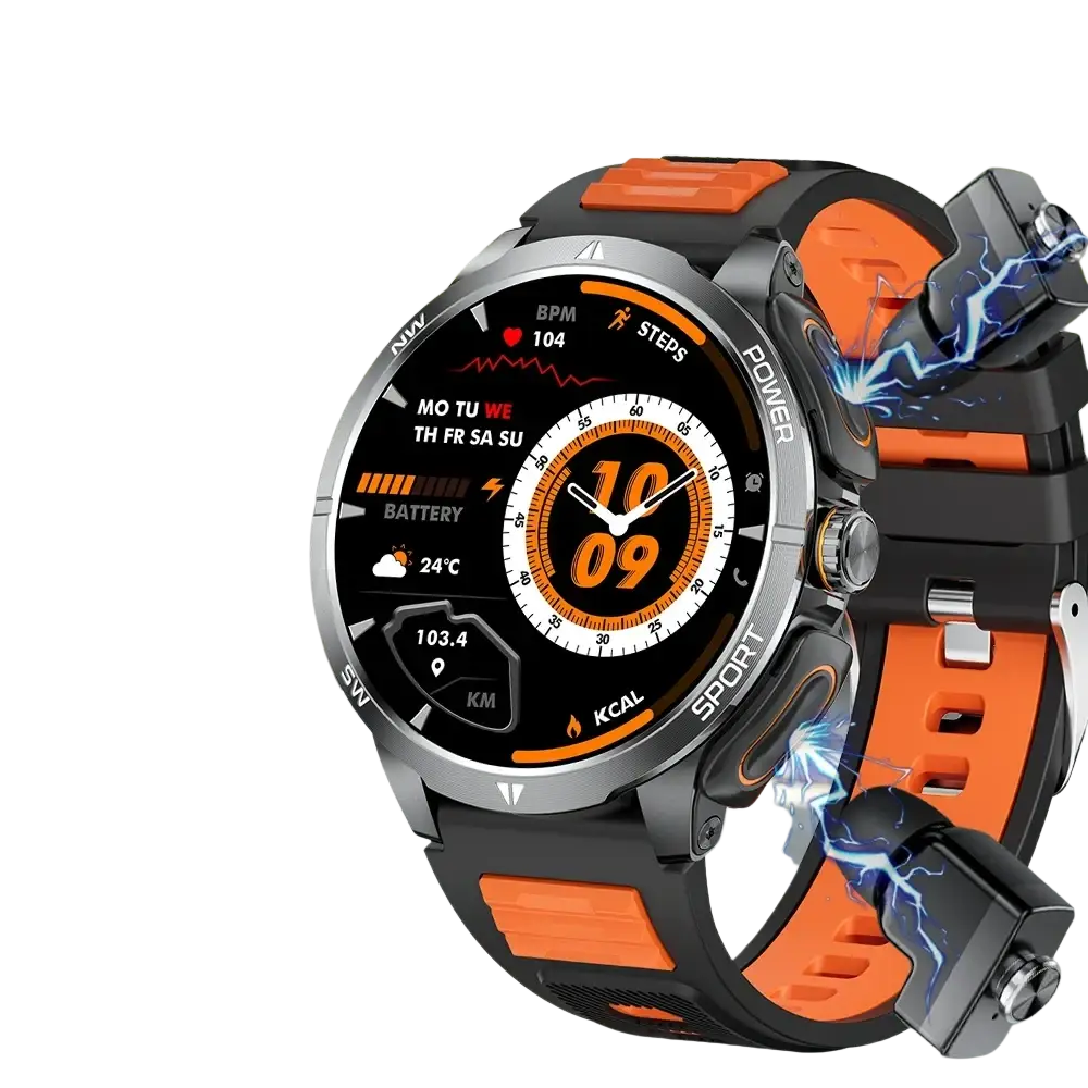 Black and orange daorkow tws 2-in-1 smartwatch and wireless earbuds with circular fitness display and sporty design