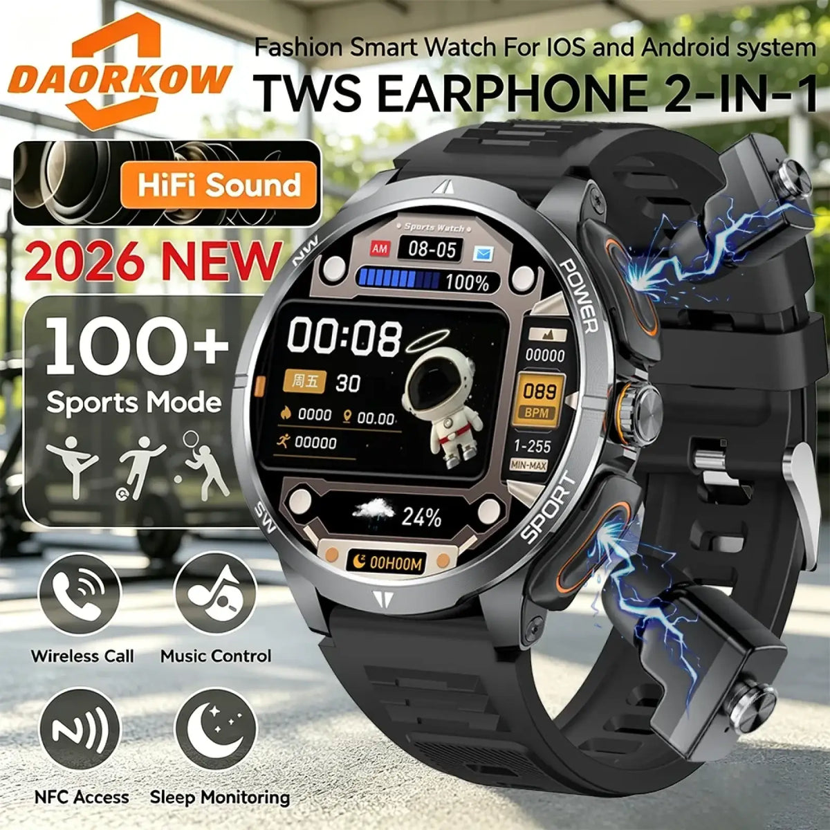 Black daorkow tws 2-in-1 smartwatch with rugged design astronaut-themed display and integrated wireless earbuds