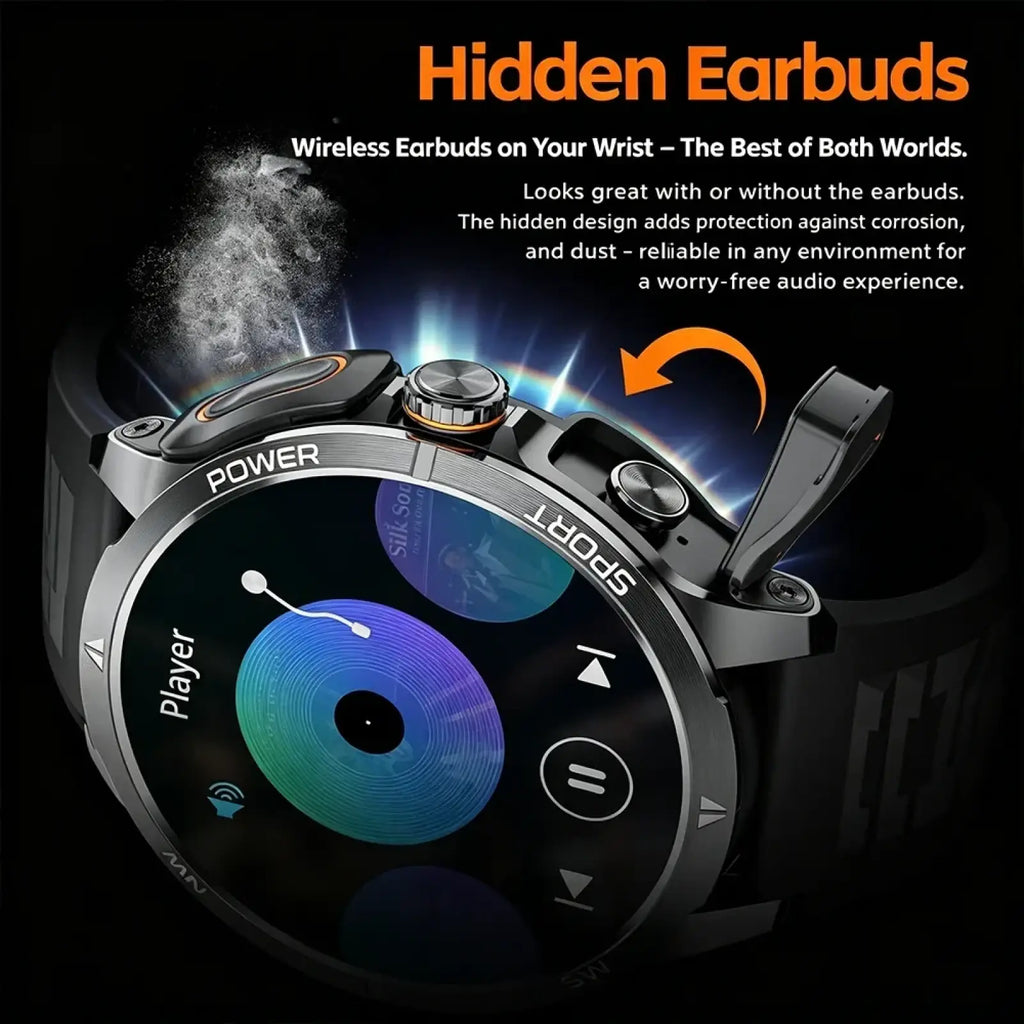 Black and silver Tws 2-in-1 smartwatch with circular touchscreen and hidden earbuds compartment on the side displaying music player