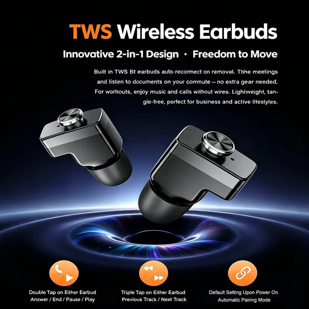 Black tws wireless earbuds with sleek matte finish and metallic silver control buttons in tws 2-in-1 smartwatch and earbuds