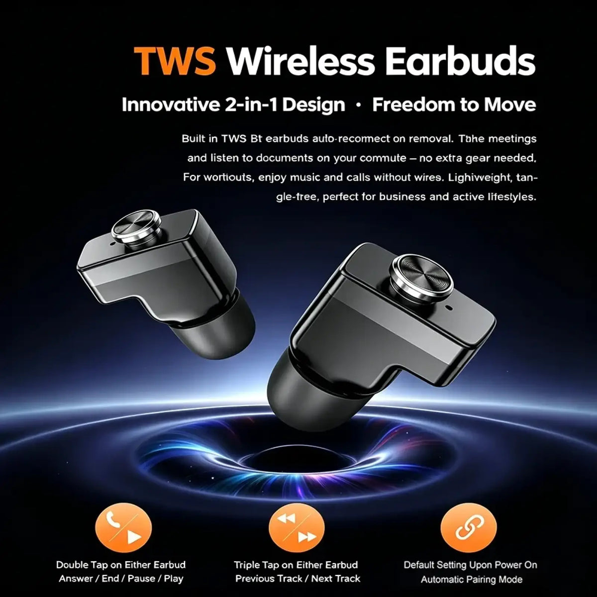 Black tws wireless earbuds with sleek matte finish and metallic silver control buttons in tws 2-in-1 smartwatch and earbuds