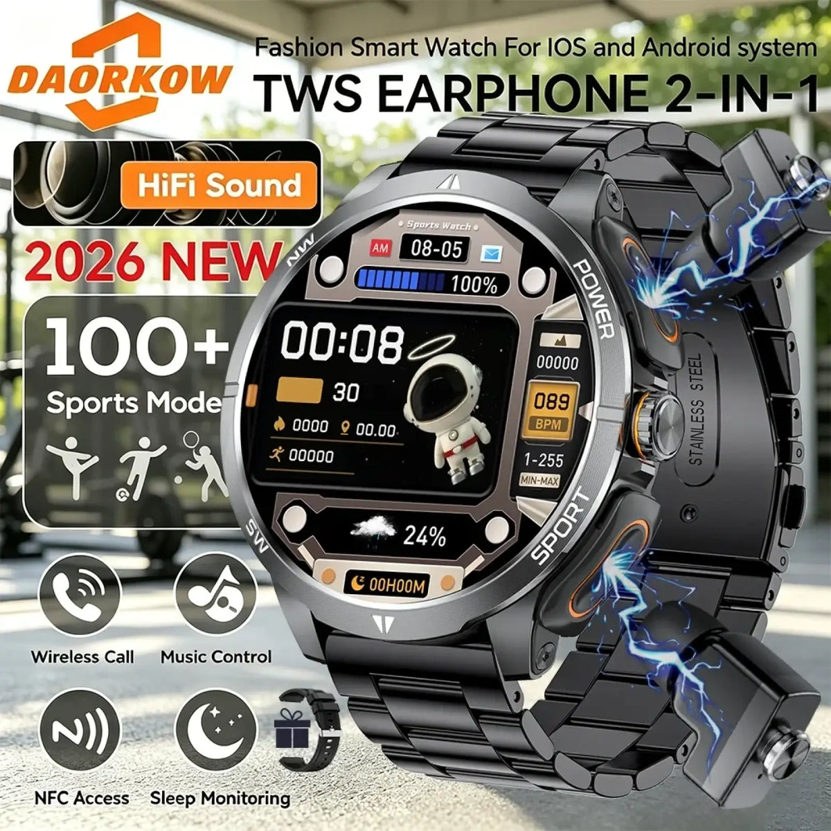 Black stainless steel tws 2-in-1 smartwatch with digital sports metrics display and astronaut icon featuring wireless earbuds