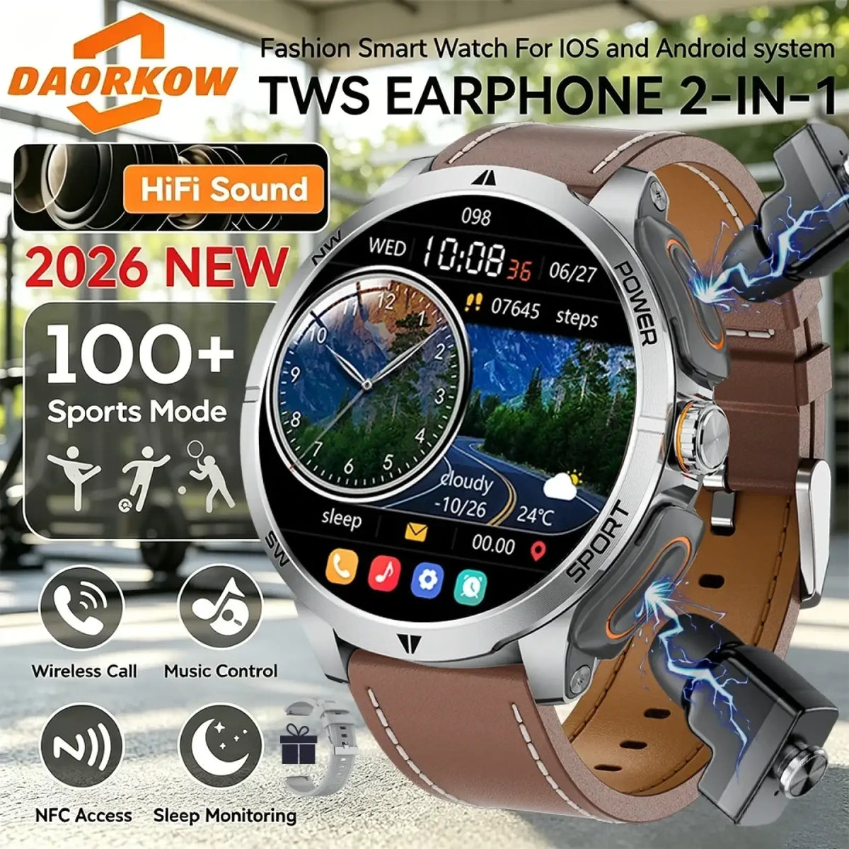 Daorkow tws 2-in-1 smartwatch and wireless earbuds with silver case brown leather strap and circular touchscreen display