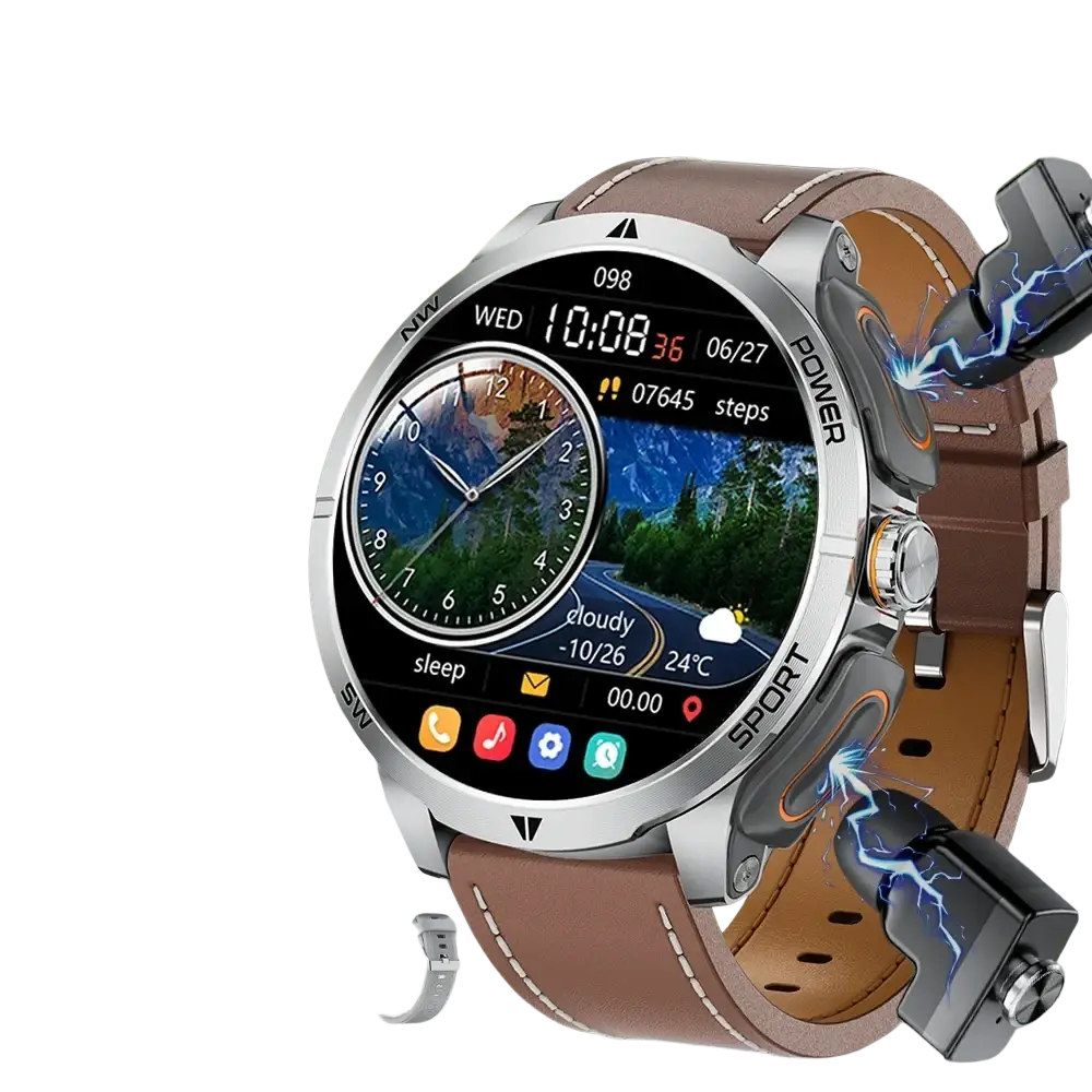 Daorkow tws 2-in-1 smartwatch and wireless earbuds with silver case brown leather strap and circular touchscreen display
