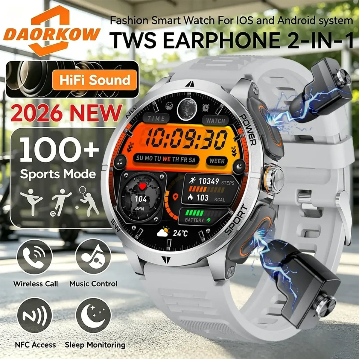 White and silver daorkow tws 2-in-1 smartwatch and wireless earbuds with sporty design and orange digital display showing time steps heart rate and weather