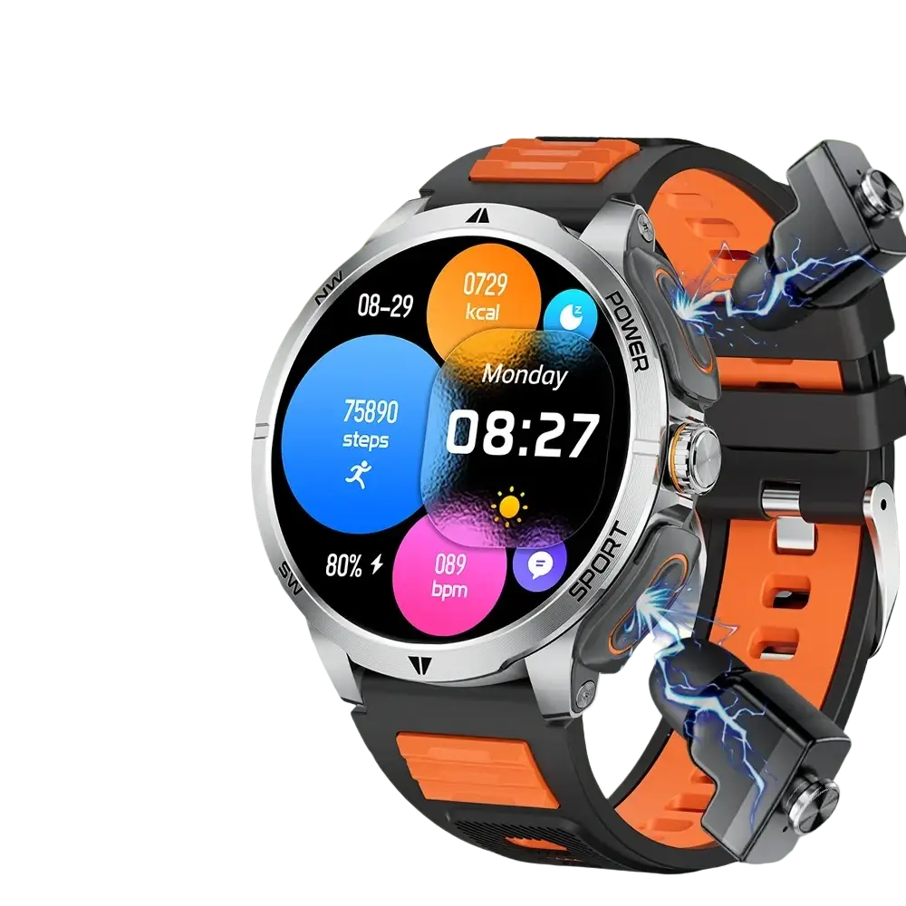 Tws 2-in-1 smartwatch and wireless earbuds featuring an orange and black sporty smartwatch with silver bezel and fitness display