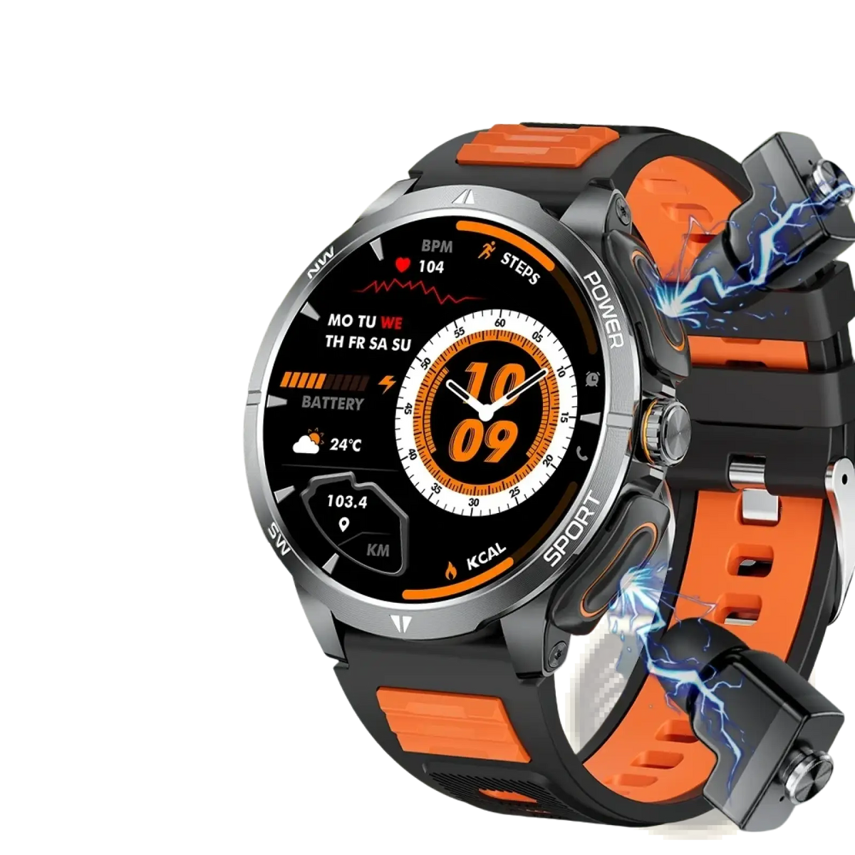 Black and orange daorkow tws 2-in-1 smartwatch and wireless earbuds with circular fitness display and sporty design