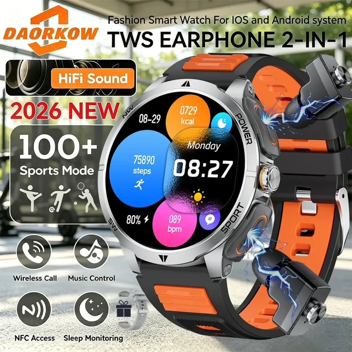 Tws 2-in-1 smartwatch and wireless earbuds featuring an orange and black sporty smartwatch with silver bezel and fitness display