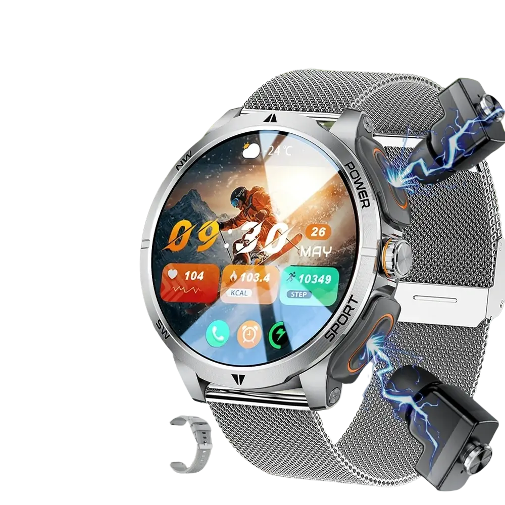 Tws 2-in-1 smartwatch and wireless earbuds with silver mesh band and circular display showing fitness metrics and time