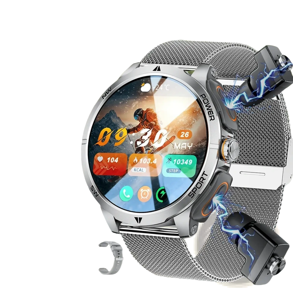Tws 2-in-1 smartwatch and wireless earbuds with silver mesh band and circular display showing fitness metrics and time