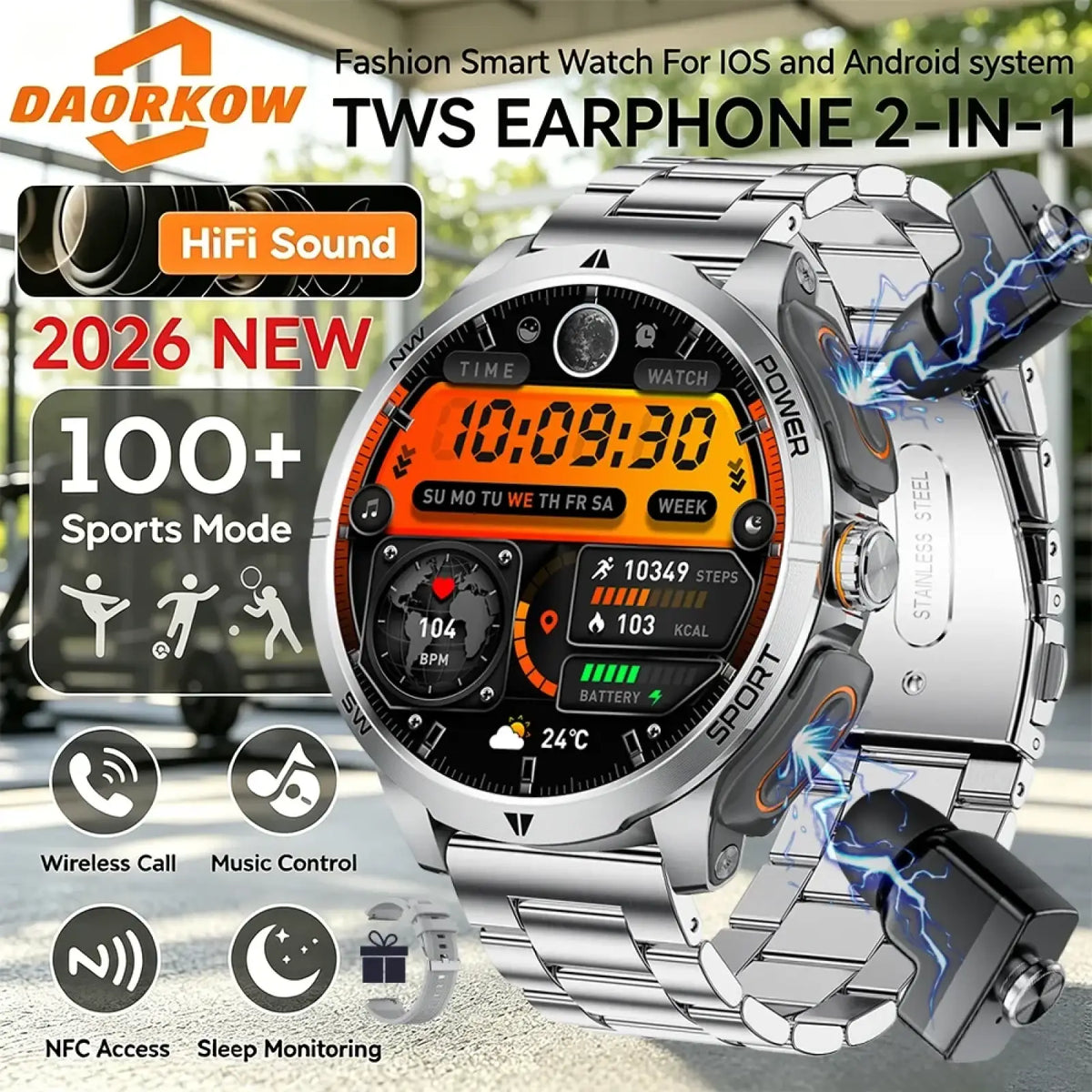 Silver stainless steel tws 2-in-1 smartwatch with digital display showing time steps and fitness metrics