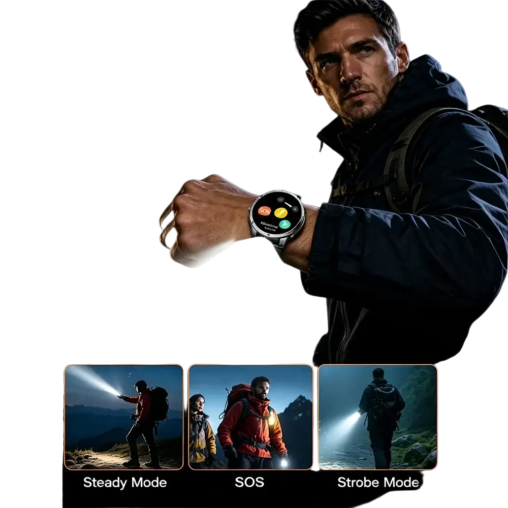 A sleek black Tws 2-in-1 smartwatch with circular touchscreen and colorful app icons emitting white LED light beams