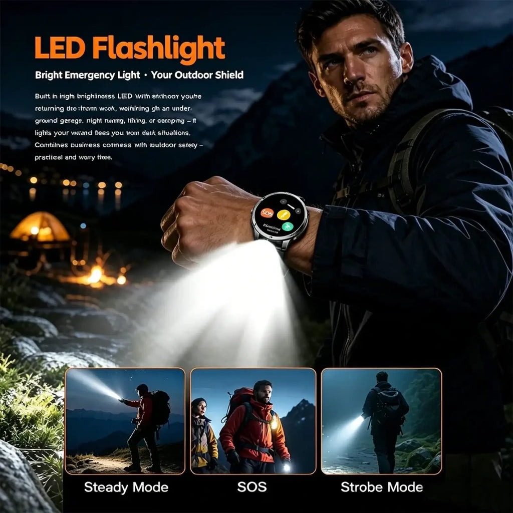 A sleek black Tws 2-in-1 smartwatch with circular touchscreen and colorful app icons emitting white LED light beams