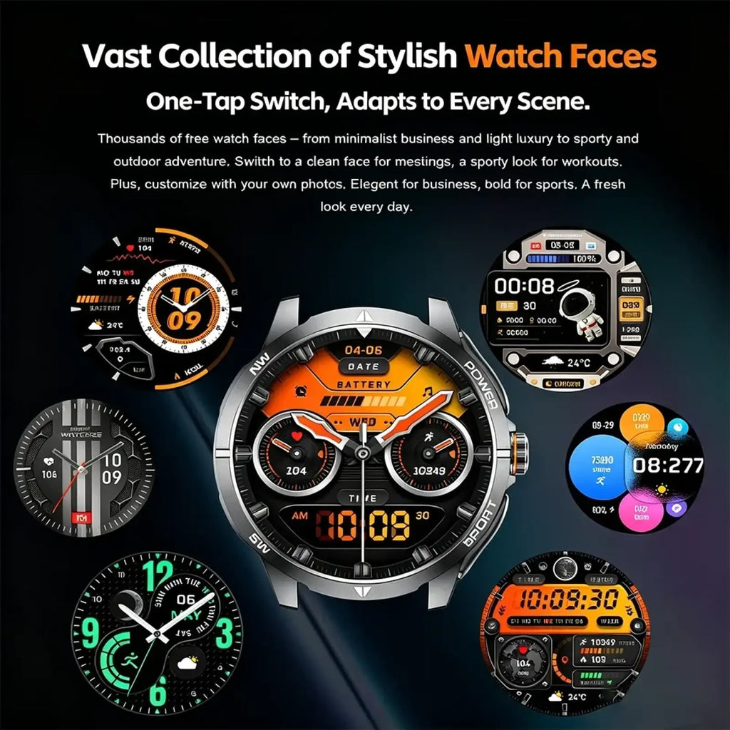A sleek silver tws 2-in-1 smartwatch and wireless earbuds with an orange and black digital fitness display