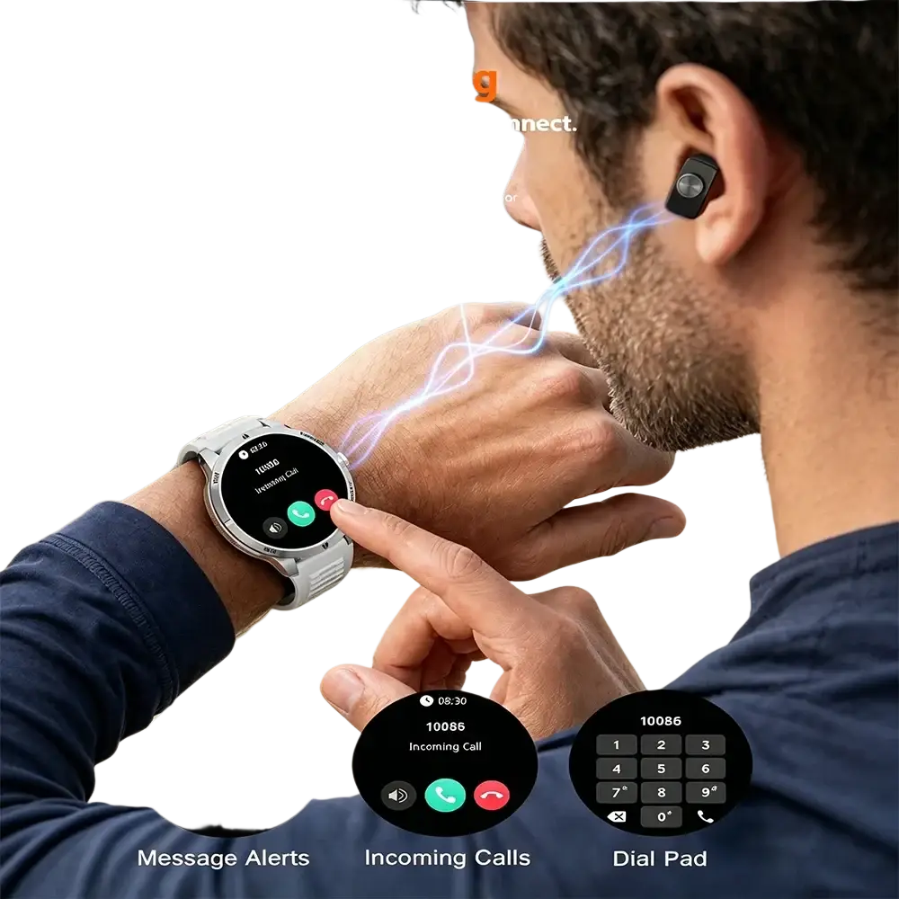 White Tws 2-in-1 smartwatch with round digital display silver bezel worn on wrist featuring wireless earbuds integration