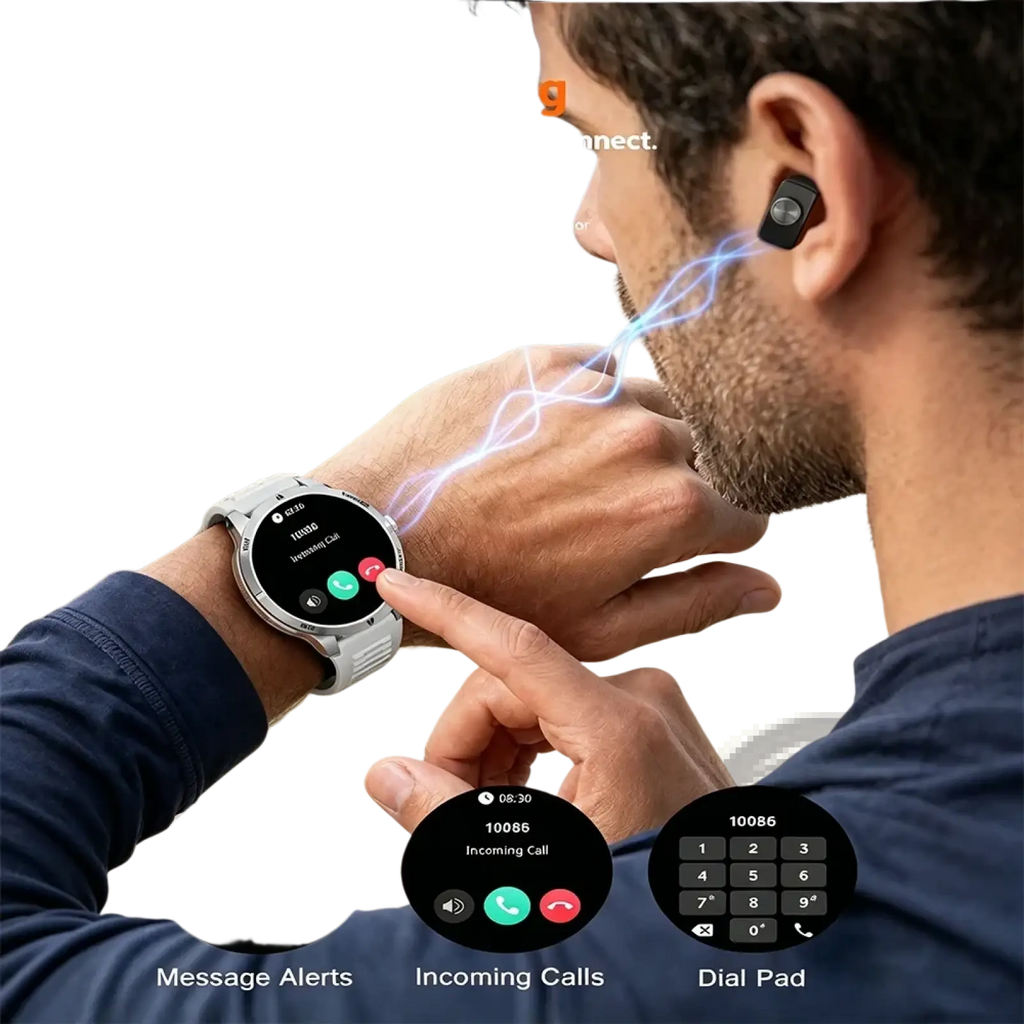 White Tws 2-in-1 smartwatch with round digital display silver bezel worn on wrist featuring wireless earbuds integration