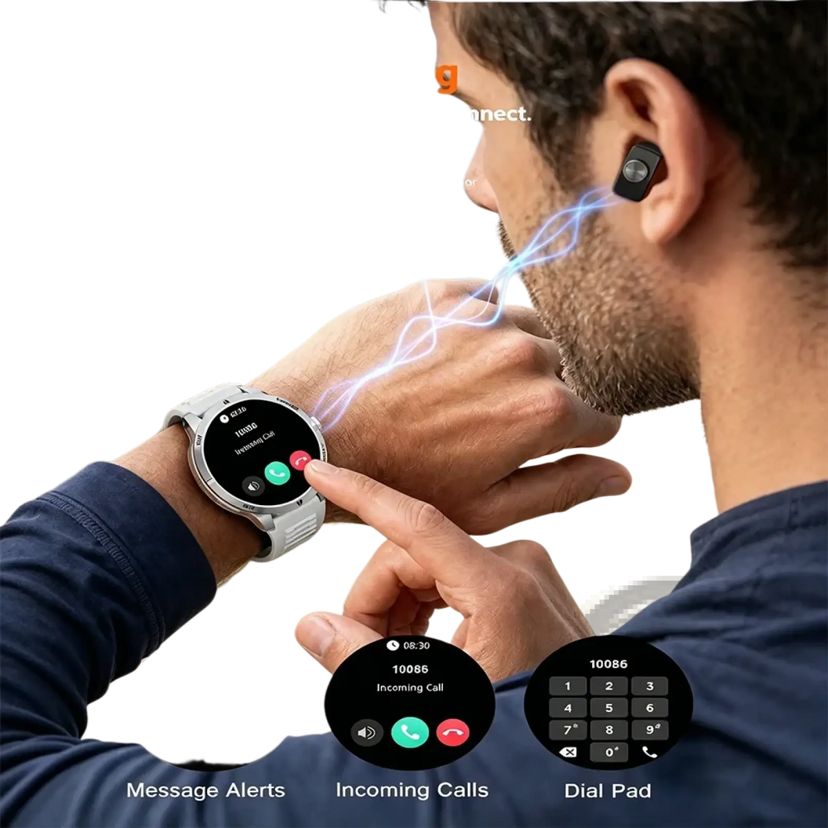White Tws 2-in-1 smartwatch with round digital display silver bezel worn on wrist featuring wireless earbuds integration