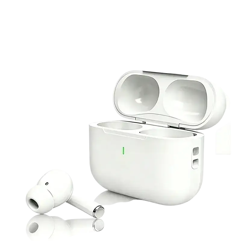 Tws in-ear wireless bluetooth earbuds white with metallic accents and volume control in sleek charging case